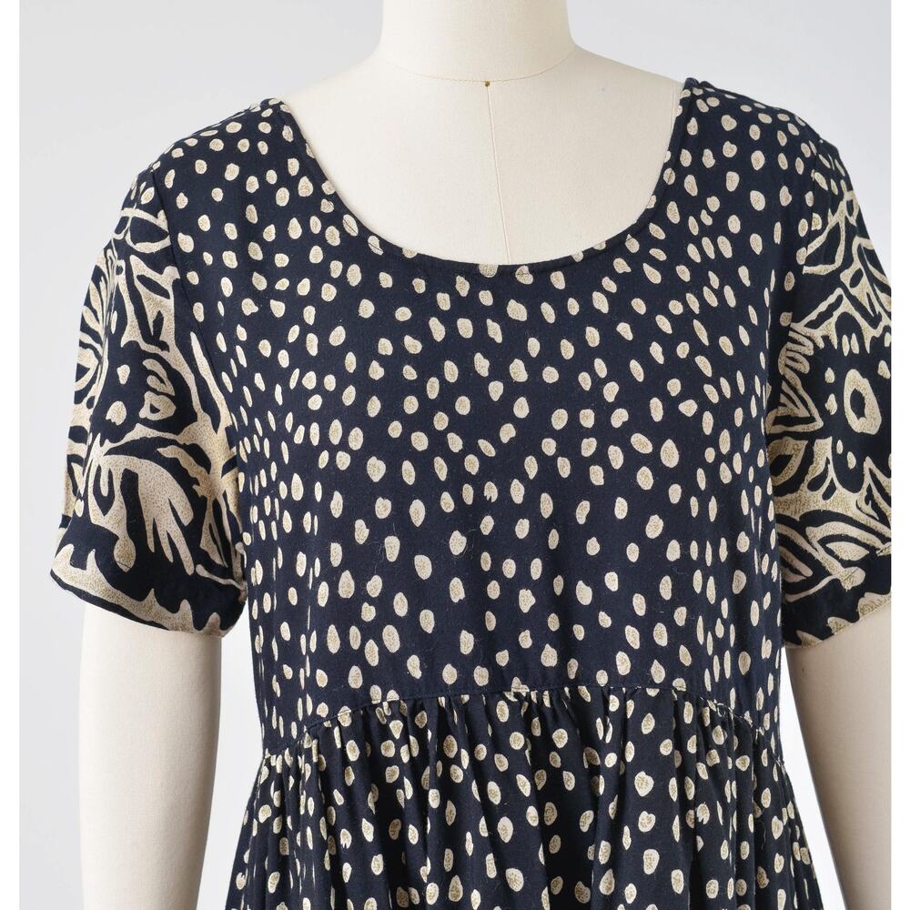 Vintage 90s Black Beige Polka Dot Boho Babydoll Dress with Pockets size S M - Picture 5 of 8